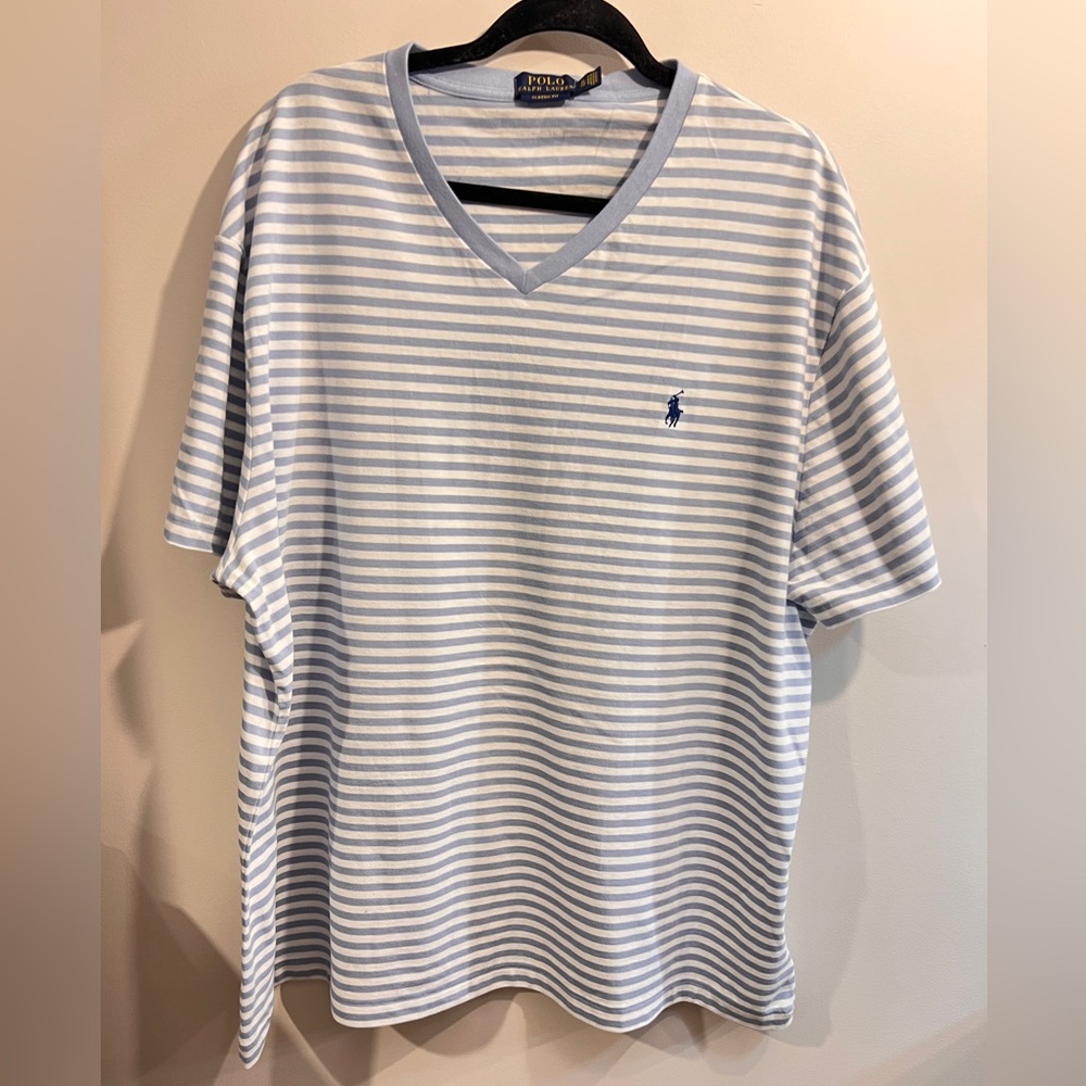 Polo Ralph Lauren Men’s Blue and White Short Sleeve V Neck Tee